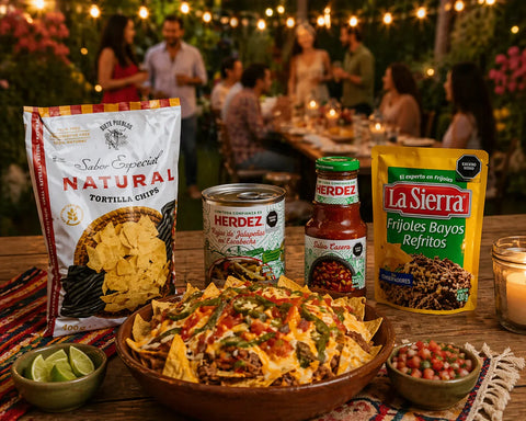 Nacho bowl with tortilla chips, salsa, and refried beans on a table with people in the background.