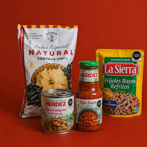 bag of Tortilla Chips, Tin of sliced jalapenos, jar of red salsa and pouch of refriend pinto beans