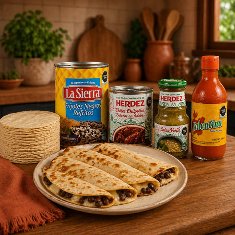 Plated quesadillas with cans of La Sierra frijoles negros, a stack of Corn tortillas, a jar of Salsa verde, a can of chipotle peppers, and Valentina hot sauce on a wooden table.