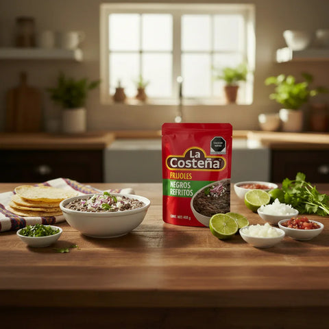 La Costeña Refried Black Beans Pouch on a table in a kitchen with ingredients next to the product