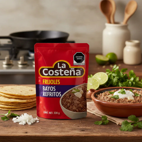 La Costena frijoles bayos refritos package on a kitchen counter with tortillas and a bowl of food.