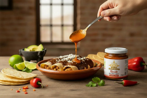 Person spooning sauce from a jar onto a dish with tortillas and vegetables on a wooden table.
