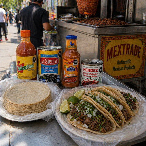 Tacos with tortillas and condiments on a street food stall with Mextrade branding.