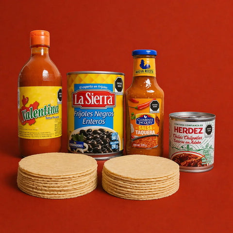 Yellow Valentina, Whole Black Beans La Sierra, Taquera Salsa Clementune Jacques, Chipotle Peppers Herdez and Tortillas on a red background