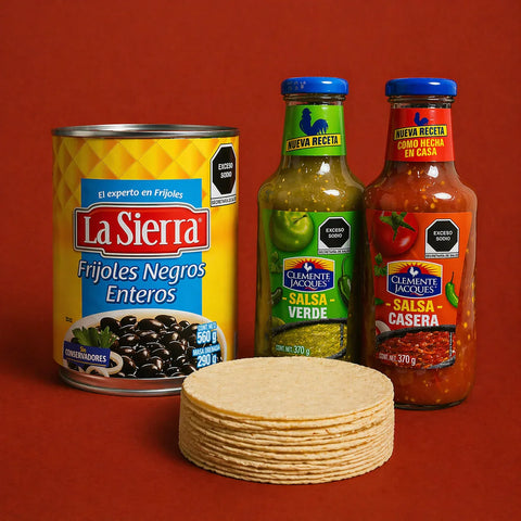 Can of Whole Black Beans (La Sierra), Jar of Green and Red Salsa (Clemente Jaques) & stack of Corn tortillas (15cm)