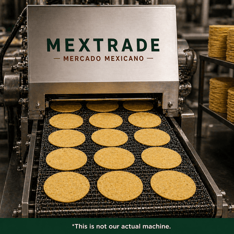 Machine with 'Mextrade Mercado Mexicano' branding on a production line with tortilla.