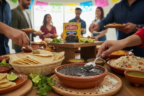 People serving themselves food from a bowl of Black beans on a table with tortillas and rice.