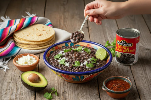 A bowl of black beans with a hand scooping them, surrounded by tortillas, avocado on a wooden table.