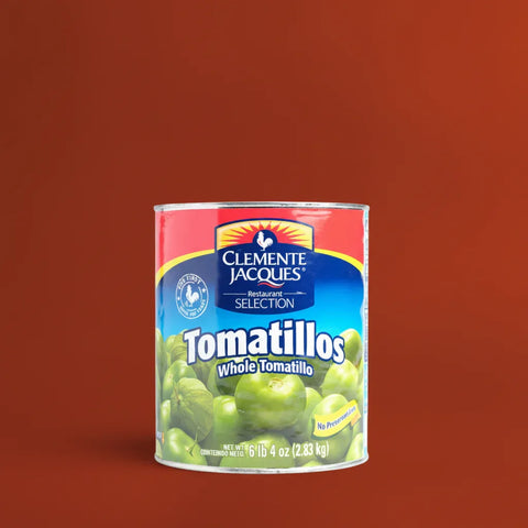 Can of Clemente Jacques Tomatillos on a red background