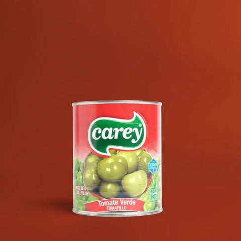 Can of Carey green tomatillo on a red background