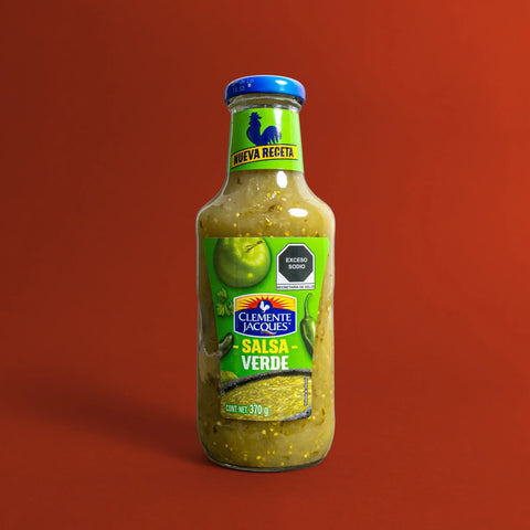Bottle of Clemente Jacques Salsa Verde on a red background