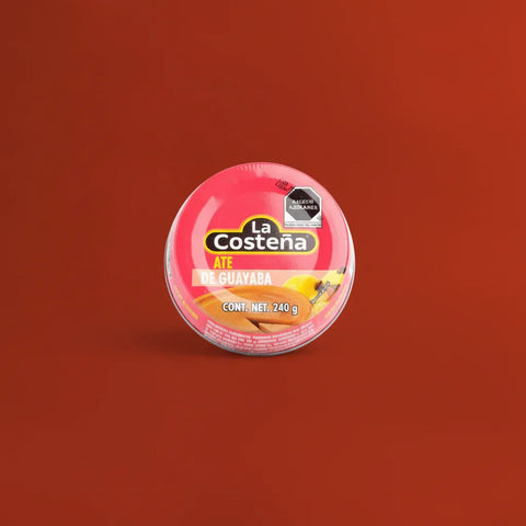 Container of 'La Costeña' Guava paste on a red background