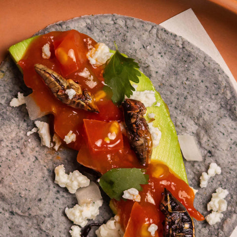 Tortilla with avocado, red salsa, and other toppings on a stone surface