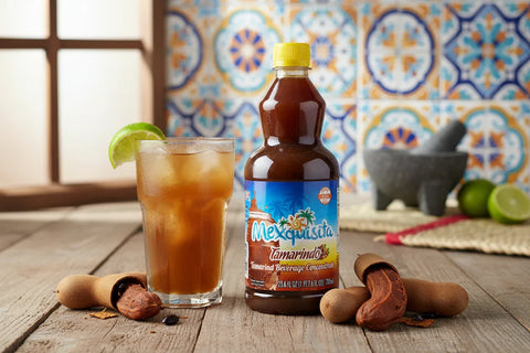Bottle of Mexquisita Tamarind syrup on a wooden surface, with a glass of Tamarind drink and decorative tiles in the background.