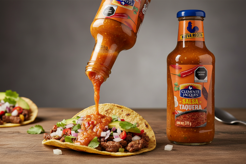 Taquera Salsa being poured onto taco with product showcase