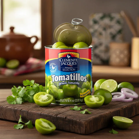 A can of Clemente Jacques Tomatillos on a wooden cutting board with fresh tomatillos and cilantro.